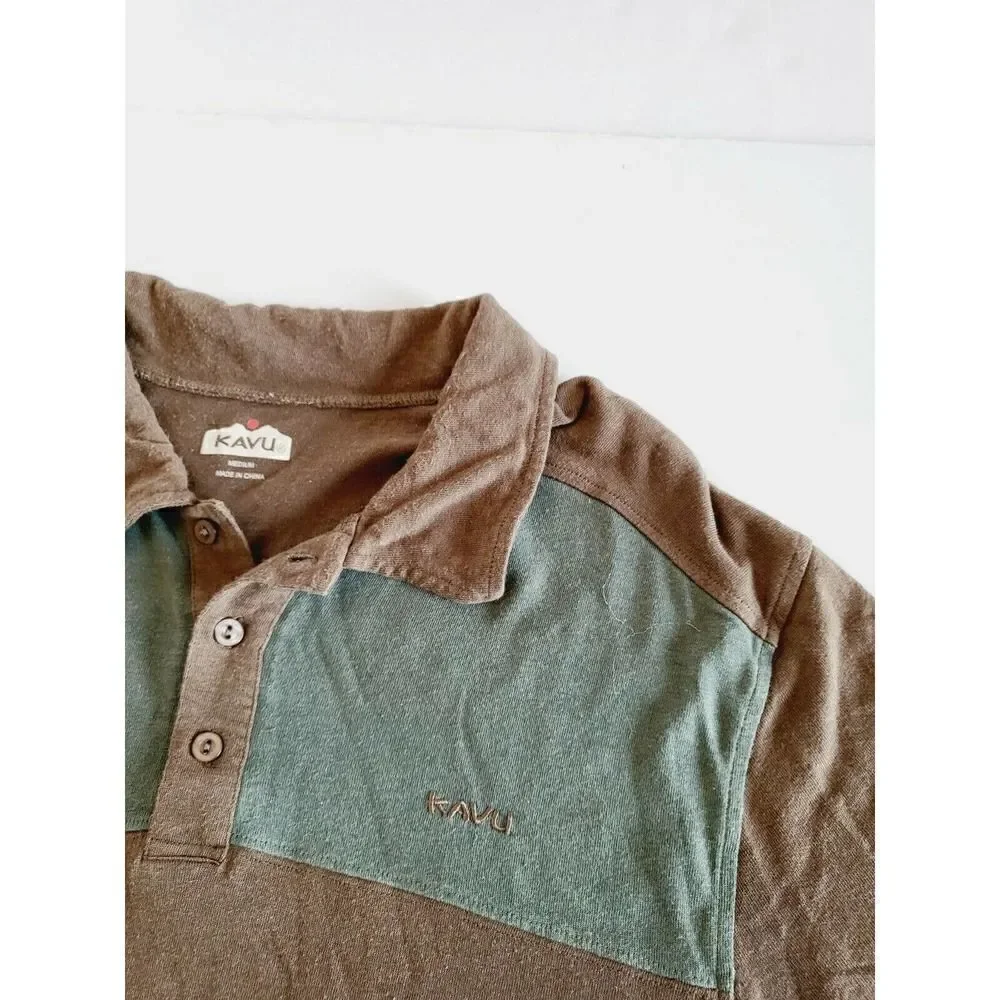 KAVU Men's Bamboo Polo Shirt Striped Short Sleeve Sz Medium Brown/Green